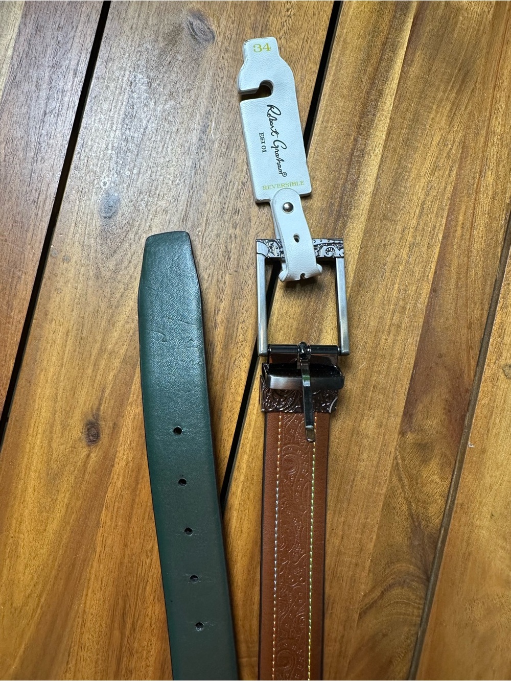 Robert Graham Reversible Leather Belt — Forest Green & Chestnut Brown, Size 34